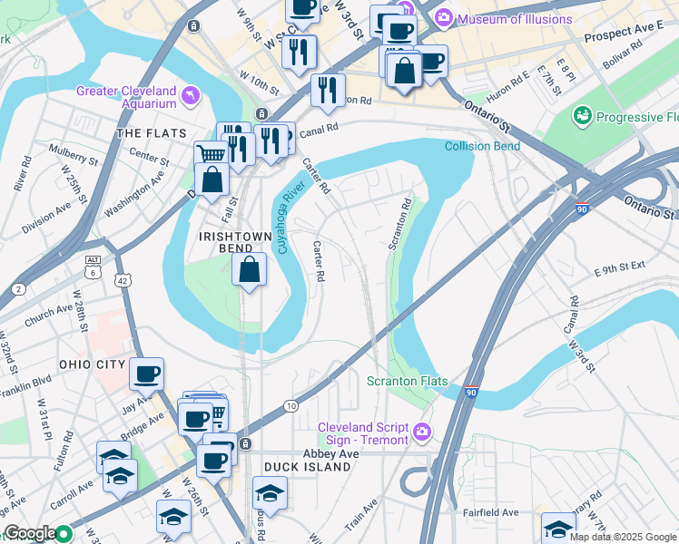 map of restaurants, bars, coffee shops, grocery stores, and more near 2000 Carter Road in Cleveland