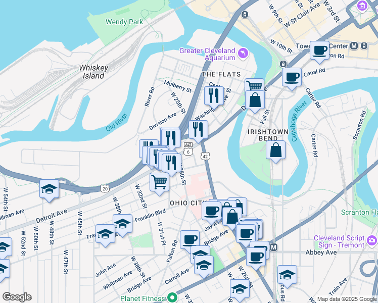 map of restaurants, bars, coffee shops, grocery stores, and more near 2516 Detroit Avenue in Cleveland