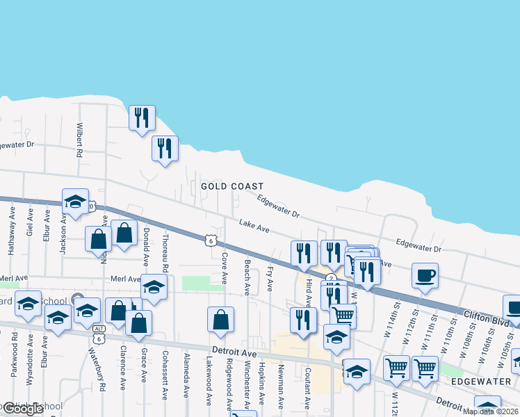 map of restaurants, bars, coffee shops, grocery stores, and more near 11900 Edgewater Drive in Lakewood