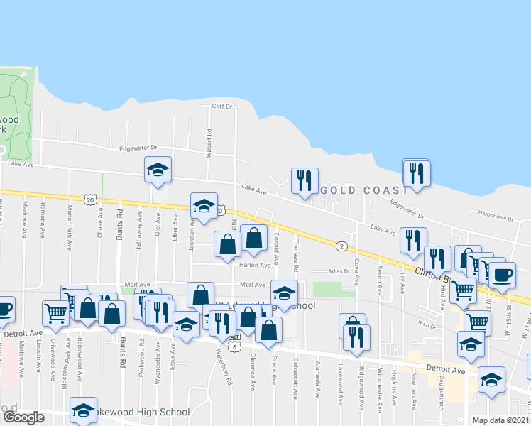 map of restaurants, bars, coffee shops, grocery stores, and more near 12967 Lake Avenue in Lakewood