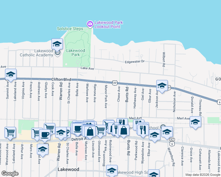map of restaurants, bars, coffee shops, grocery stores, and more near 13926 Clifton Boulevard in Lakewood