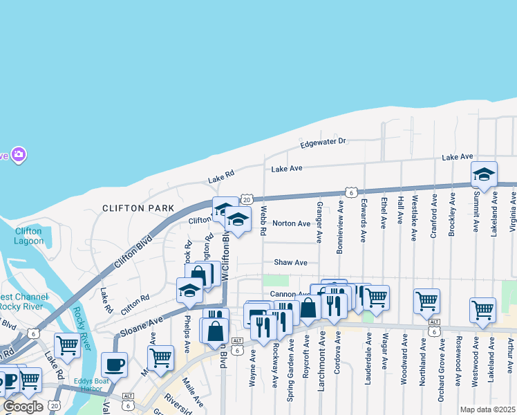 map of restaurants, bars, coffee shops, grocery stores, and more near 17800 Clifton Boulevard in Lakewood