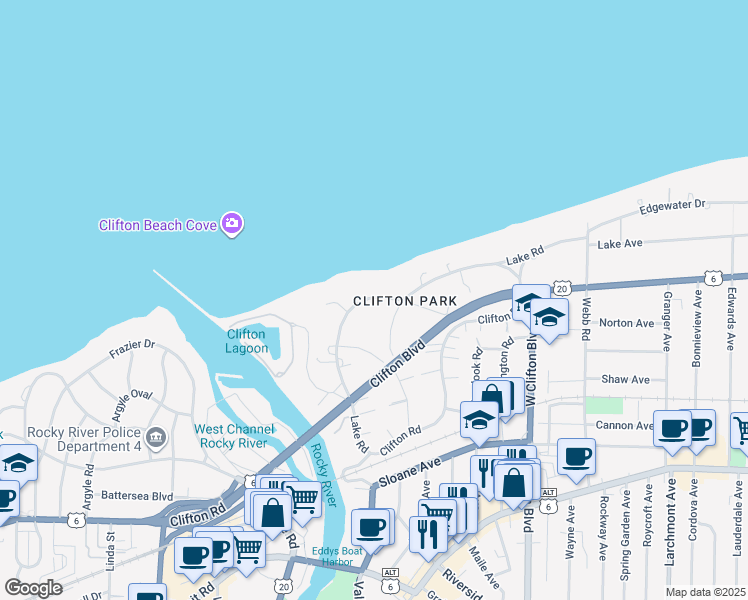 map of restaurants, bars, coffee shops, grocery stores, and more near 17856 Lake Road in Lakewood