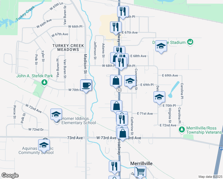map of restaurants, bars, coffee shops, grocery stores, and more near 6934 Broadway in Merrillville