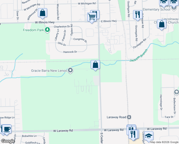 map of restaurants, bars, coffee shops, grocery stores, and more near 14460 West Edison Drive in New Lenox