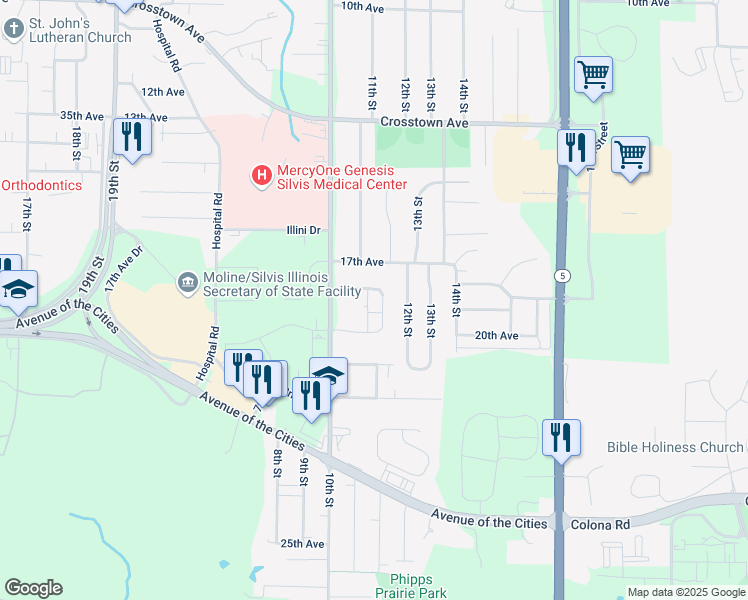 map of restaurants, bars, coffee shops, grocery stores, and more near 1105 18th Avenue in Silvis