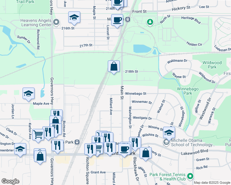 map of restaurants, bars, coffee shops, grocery stores, and more near 3618 Linden Road in Richton Park