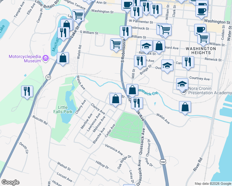map of restaurants, bars, coffee shops, grocery stores, and more near 138 John Street in New Windsor