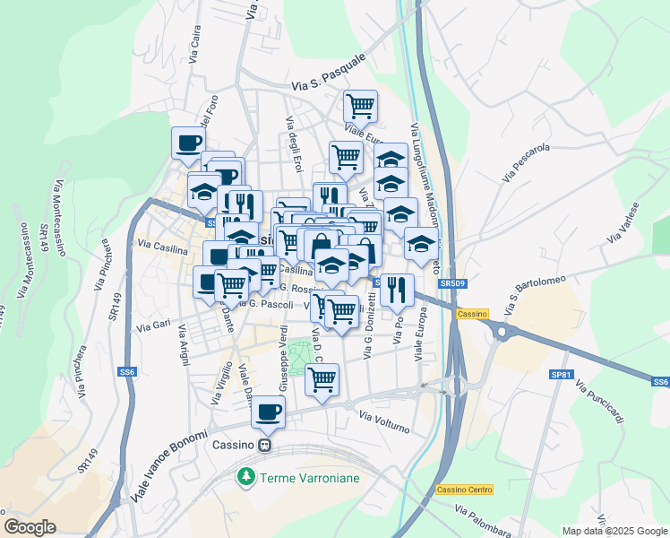 map of restaurants, bars, coffee shops, grocery stores, and more near in Cassino