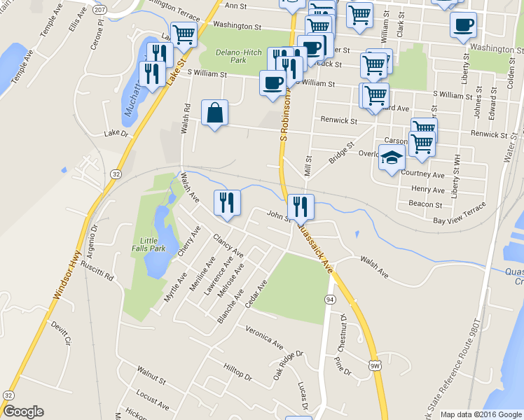 map of restaurants, bars, coffee shops, grocery stores, and more near 128 John Street in New Windsor