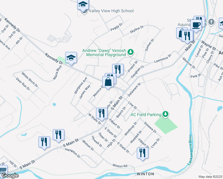 map of restaurants, bars, coffee shops, grocery stores, and more near 7 Kennedy Drive in Archbald