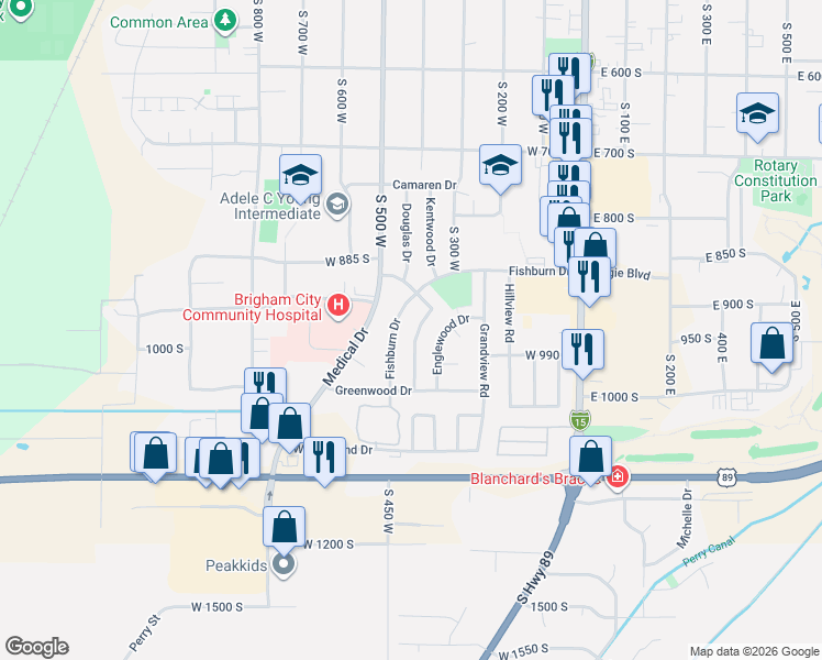 map of restaurants, bars, coffee shops, grocery stores, and more near 964 Wildwood Drive in Brigham City