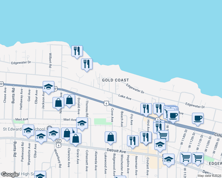 map of restaurants, bars, coffee shops, grocery stores, and more near in Lakewood