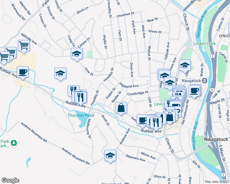 map of restaurants, bars, coffee shops, grocery stores, and more near 65 Galpin Street in Naugatuck