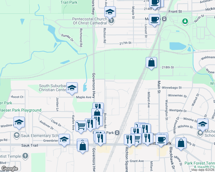 map of restaurants, bars, coffee shops, grocery stores, and more near 1095 Richton Place in Richton Park