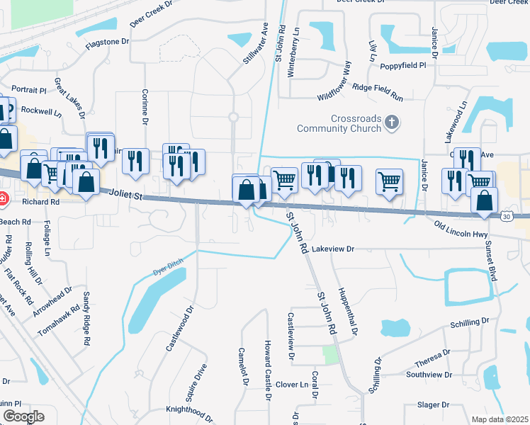 map of restaurants, bars, coffee shops, grocery stores, and more near 1562 Joliet Street in Dyer
