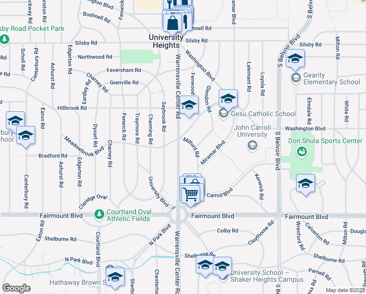 map of restaurants, bars, coffee shops, grocery stores, and more near 2523 Warrensville Center Road in Cleveland