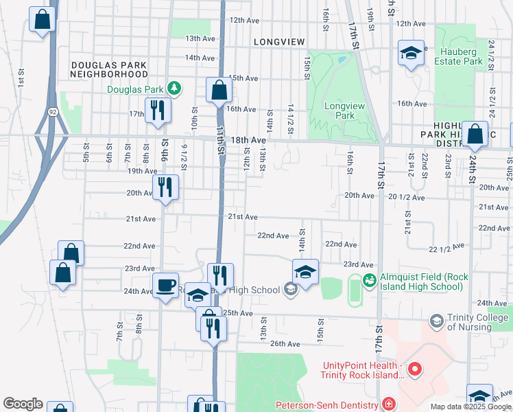 map of restaurants, bars, coffee shops, grocery stores, and more near 1209 21st Avenue in Rock Island