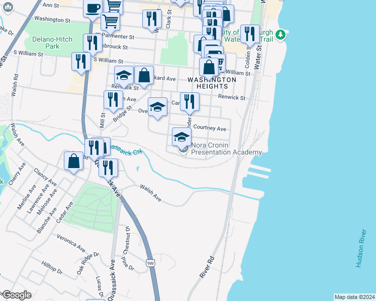 map of restaurants, bars, coffee shops, grocery stores, and more near 65 Henry Avenue in Newburgh