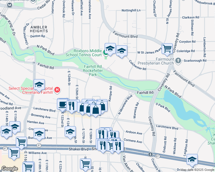 map of restaurants, bars, coffee shops, grocery stores, and more near 13200 Fairhill Road in Shaker Heights