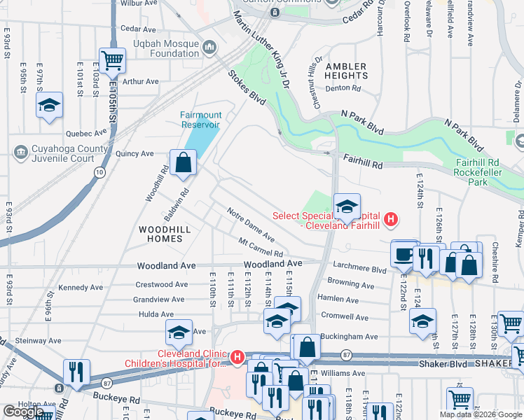 map of restaurants, bars, coffee shops, grocery stores, and more near 11122 Woodstock Avenue in Cleveland