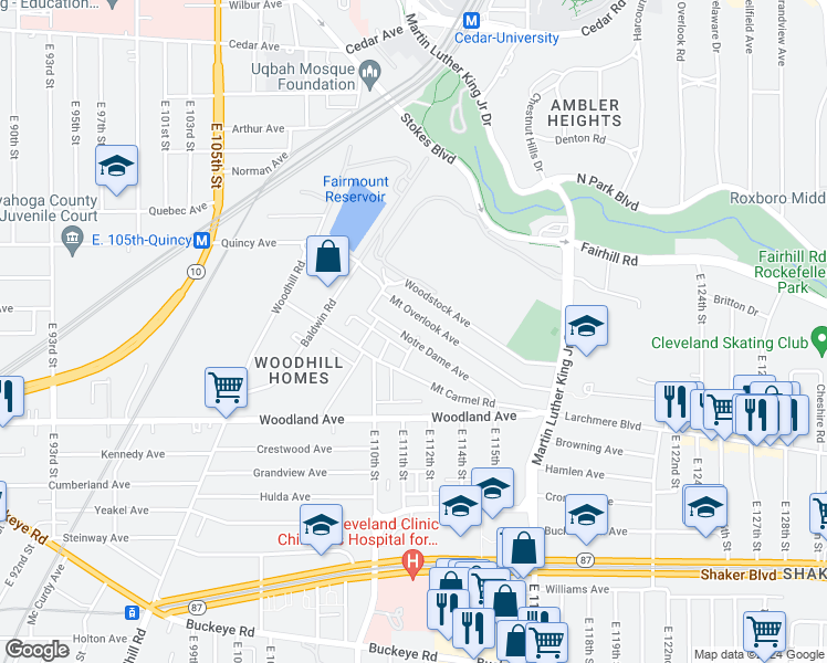 map of restaurants, bars, coffee shops, grocery stores, and more near 11009 Mount Overlook Avenue in Cleveland