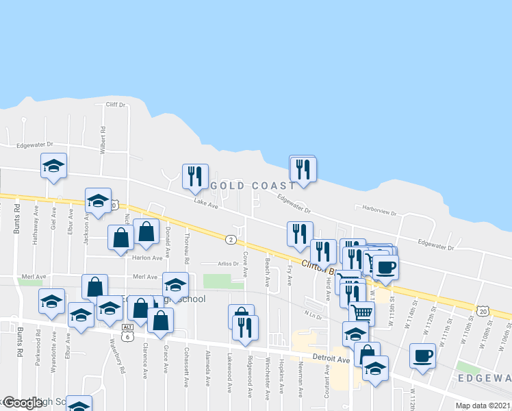 map of restaurants, bars, coffee shops, grocery stores, and more near 12039 Edgewater Drive in Lakewood