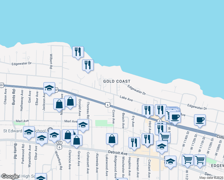 map of restaurants, bars, coffee shops, grocery stores, and more near in Lakewood