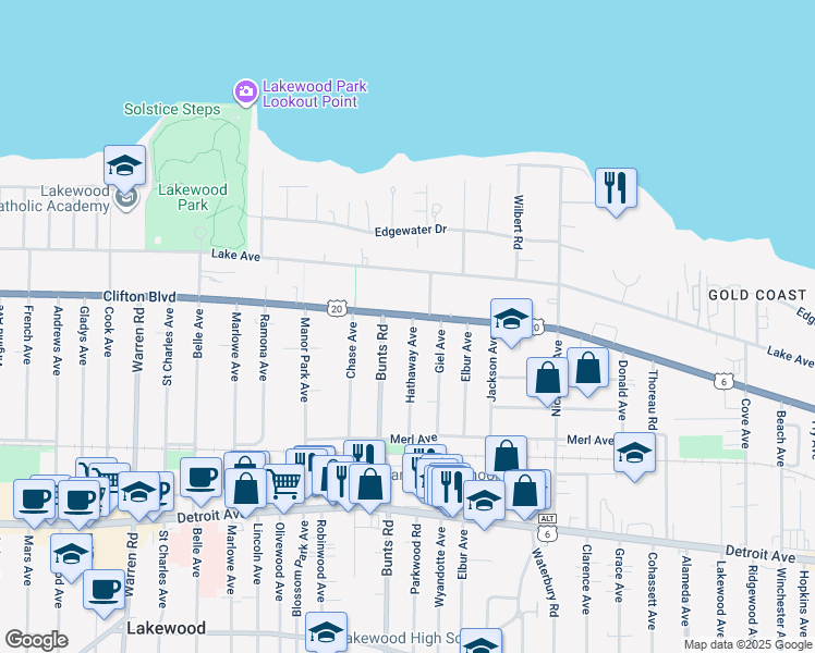 map of restaurants, bars, coffee shops, grocery stores, and more near 13844 Clifton Boulevard in Lakewood