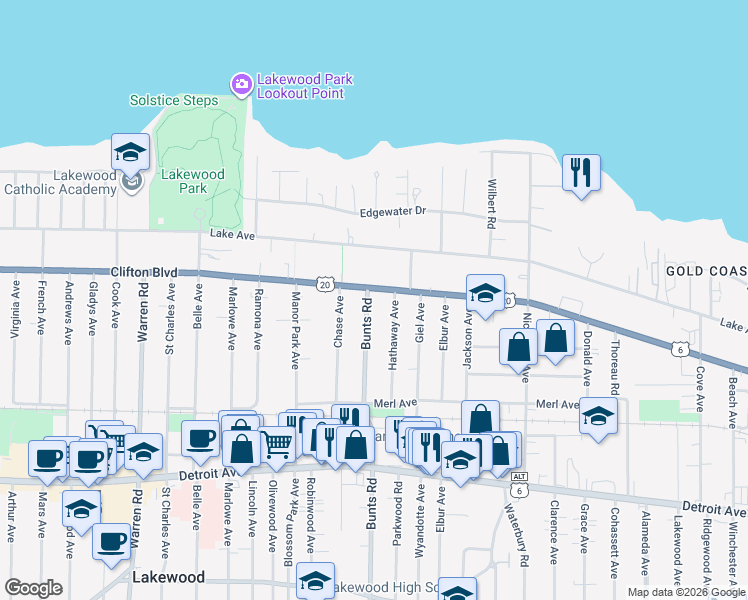 map of restaurants, bars, coffee shops, grocery stores, and more near 13844 Clifton Boulevard in Lakewood