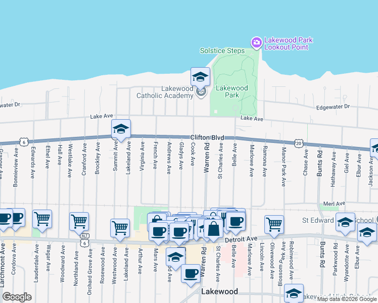 map of restaurants, bars, coffee shops, grocery stores, and more near 14915 Clifton Boulevard in Lakewood