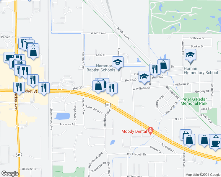 map of restaurants, bars, coffee shops, grocery stores, and more near 1725 Homan Drive in Schererville