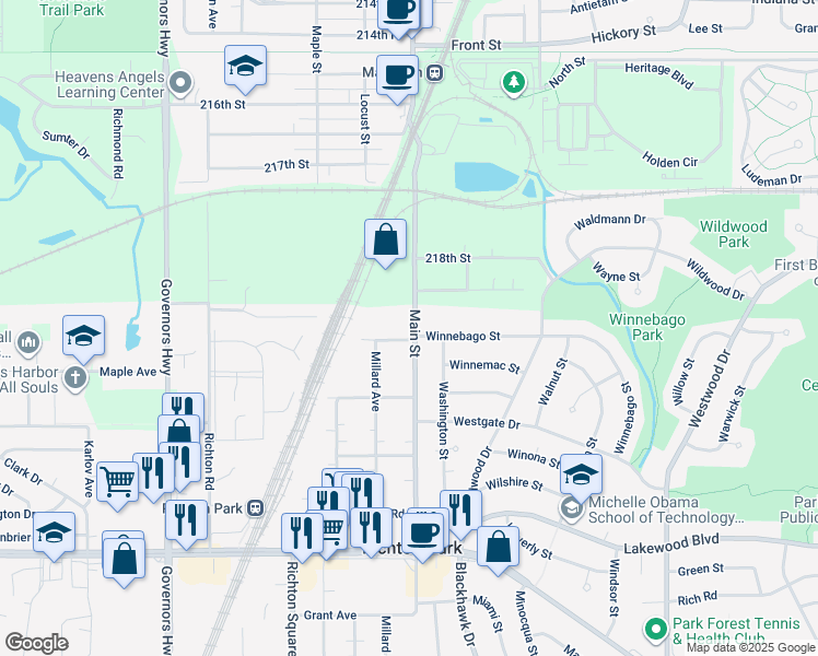 map of restaurants, bars, coffee shops, grocery stores, and more near 3604 Linden Road in Richton Park