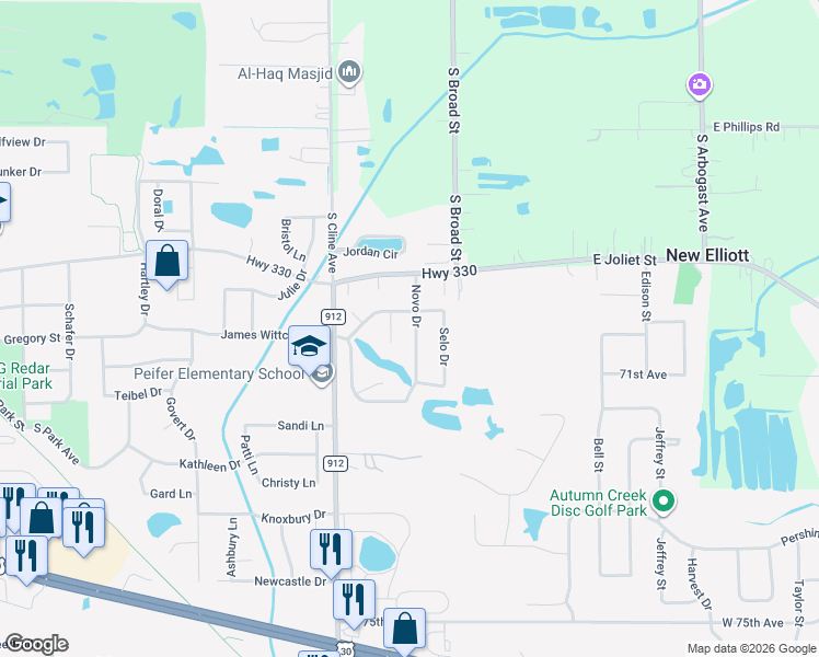 map of restaurants, bars, coffee shops, grocery stores, and more near 918 High Ridge Drive in Schererville