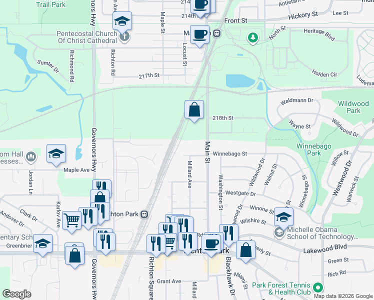 map of restaurants, bars, coffee shops, grocery stores, and more near 21750 Main Street in Matteson