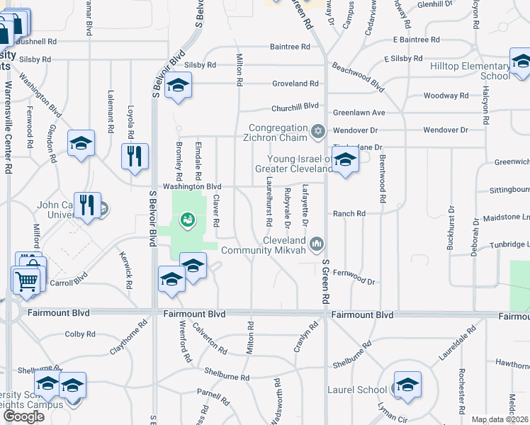 map of restaurants, bars, coffee shops, grocery stores, and more near 2496 Laurelhurst Road in University Heights