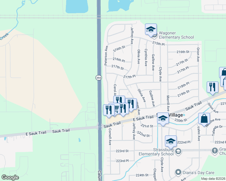 map of restaurants, bars, coffee shops, grocery stores, and more near 21782 Carol Avenue in Sauk Village