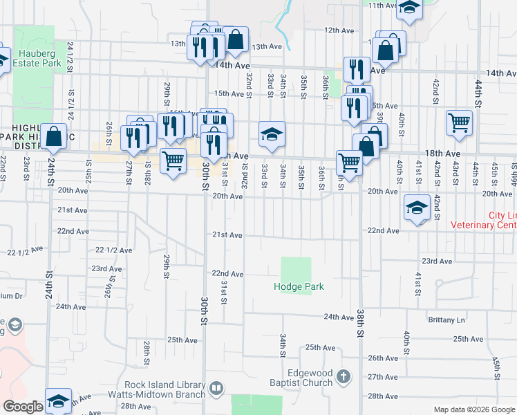 map of restaurants, bars, coffee shops, grocery stores, and more near 2014 33rd Street in Rock Island