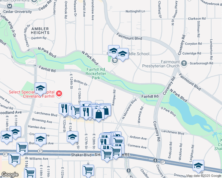 map of restaurants, bars, coffee shops, grocery stores, and more near 13660 Fairhill Road in Shaker Heights