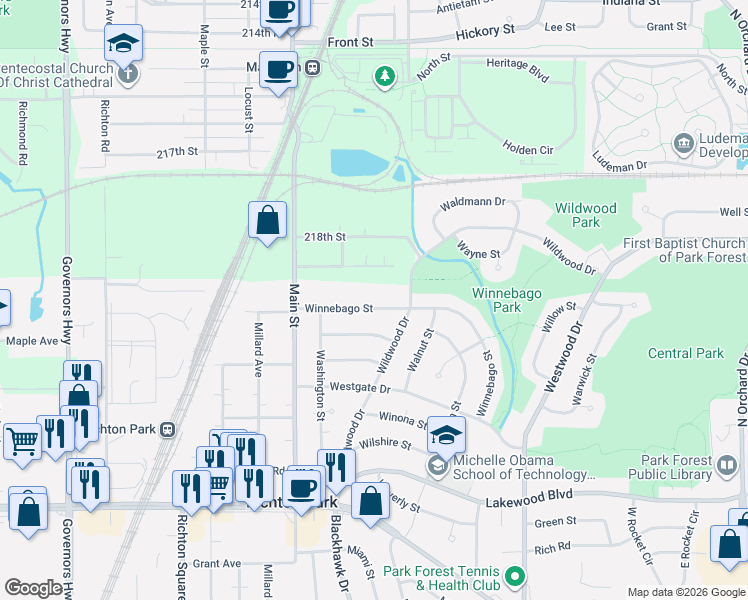 map of restaurants, bars, coffee shops, grocery stores, and more near 3447 218th Place in Matteson