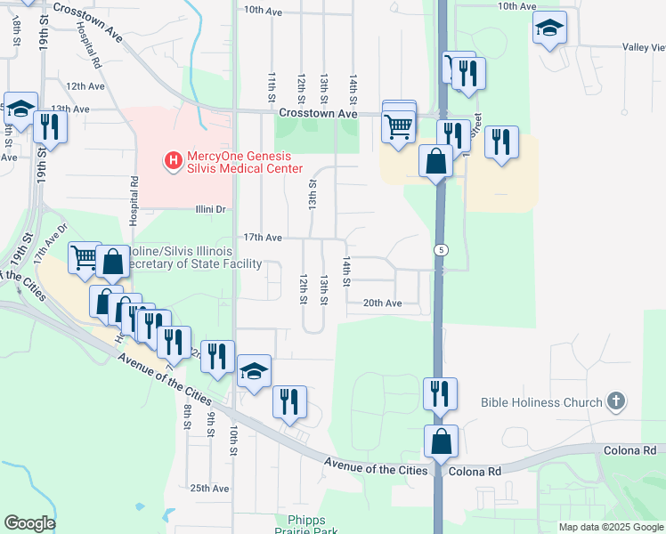 map of restaurants, bars, coffee shops, grocery stores, and more near 1809 13th Street in Silvis