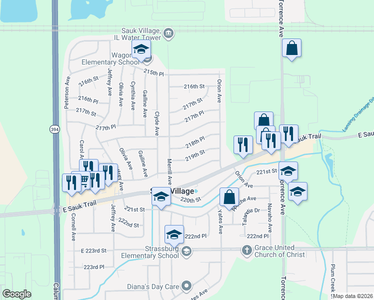 map of restaurants, bars, coffee shops, grocery stores, and more near 2063 218th Place in Sauk Village