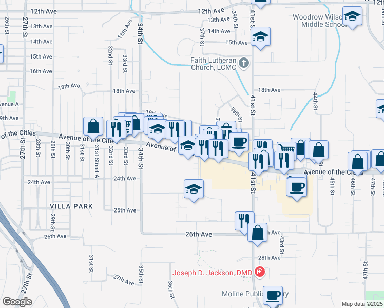 map of restaurants, bars, coffee shops, grocery stores, and more near 3530 Avenue Of The Cities in Moline