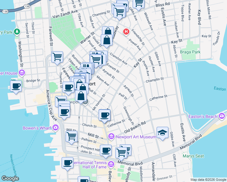 map of restaurants, bars, coffee shops, grocery stores, and more near 29 Mann Avenue in Newport