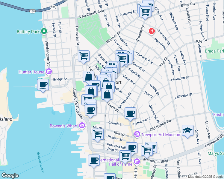 map of restaurants, bars, coffee shops, grocery stores, and more near in Newport