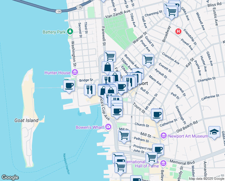 map of restaurants, bars, coffee shops, grocery stores, and more near 77 Thames Street in Newport