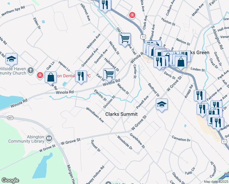 map of restaurants, bars, coffee shops, grocery stores, and more near 101 Junction Street in Clarks Summit