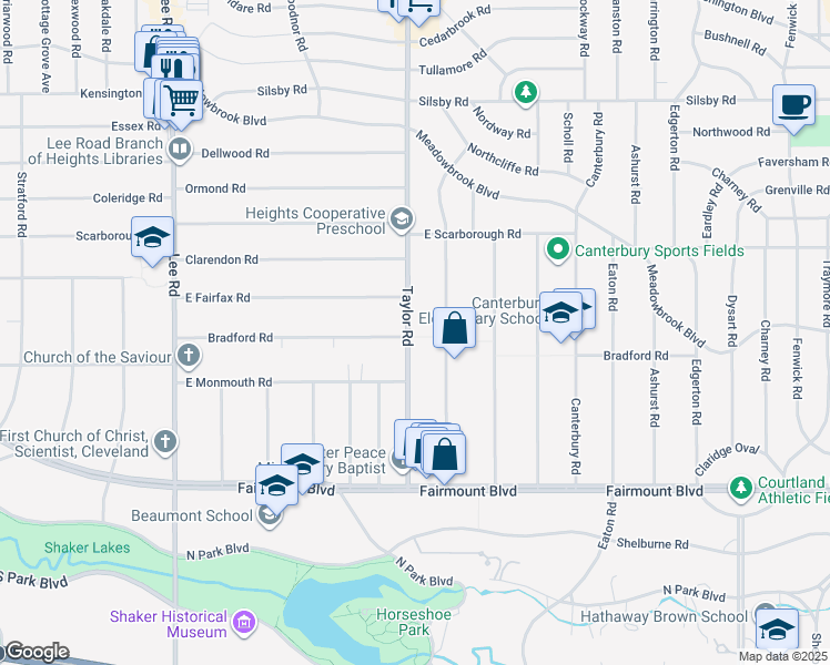 map of restaurants, bars, coffee shops, grocery stores, and more near 2510 South Taylor Road in Cleveland Heights