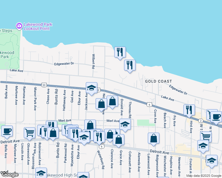 map of restaurants, bars, coffee shops, grocery stores, and more near 12967 Lake Avenue in Lakewood