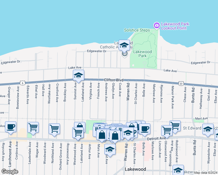map of restaurants, bars, coffee shops, grocery stores, and more near 1171 Andrews Avenue in Lakewood
